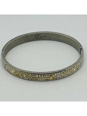 Bangle Bracelet Rhinestone Pavé Stainless Steel Silver Tone Hinged Vintage 6.5"